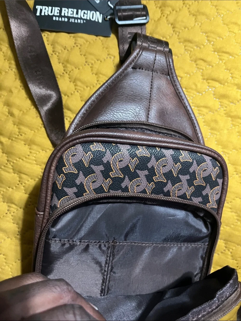 True Religion Brown Pattern Logo Crossbody Sling Bag